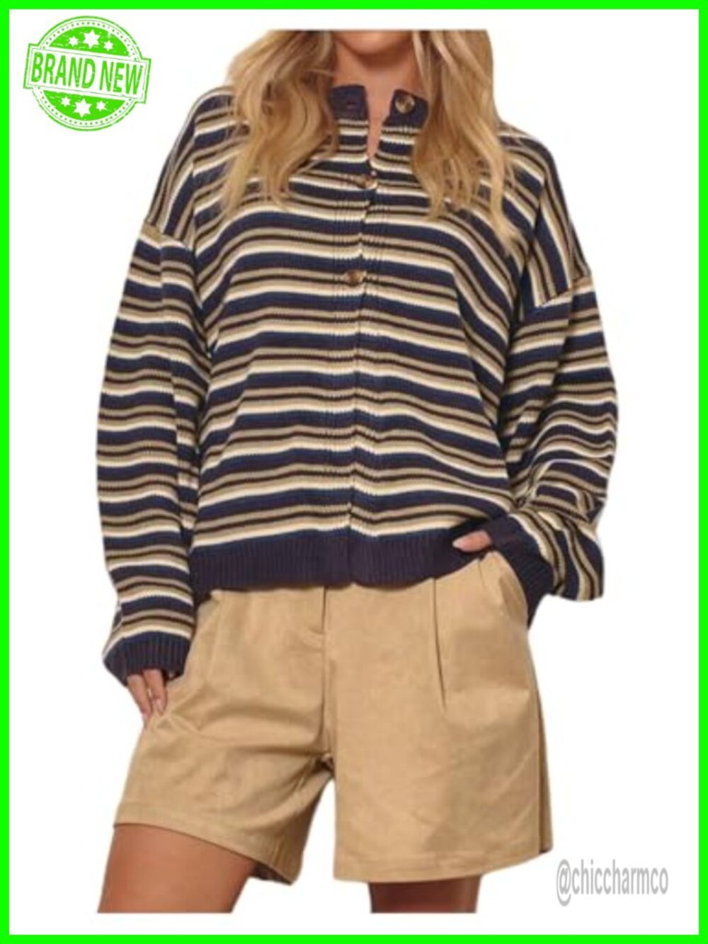 Women's Long Sleeve Striped Button Knit Cardigan Sweater Preppy Layer